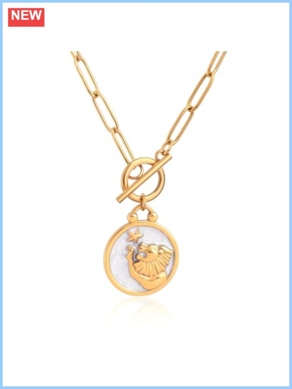 18k Gold Plated Zodiac Leo Paperclip Toggle Necklace Stainless Steel